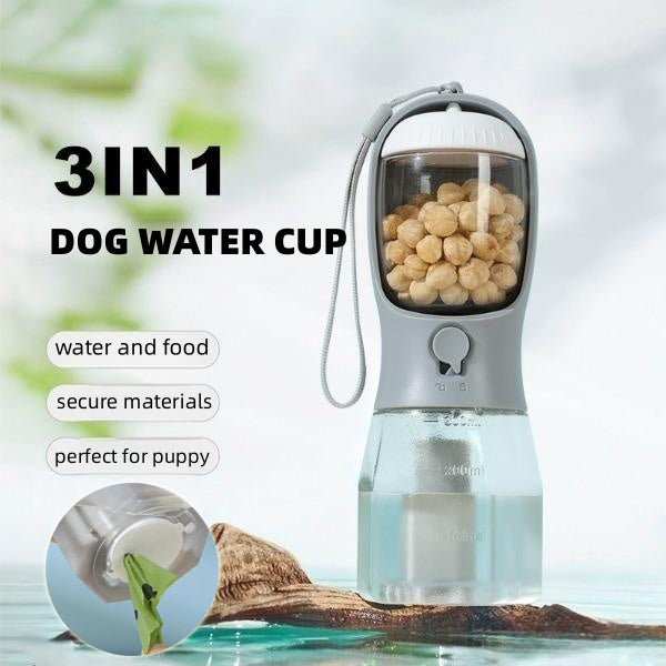 Pawz WalkReady™ — 3-in-1 Portable Pet Water Bottle | Built-in Food Container + Waste Bag Dispenser | Perfect for Walks & Travel