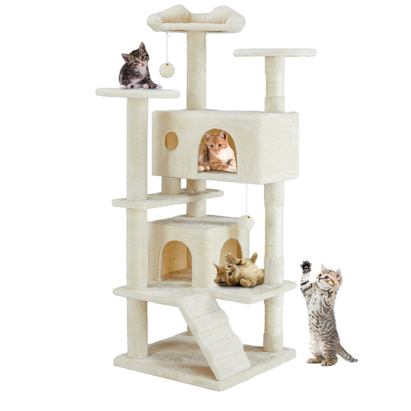 Pawz CityTree™ — Multi-Level Cat Tree Tower & Condo (135cm, Scratch Post, Perches, Hammock, Beige & Blue)