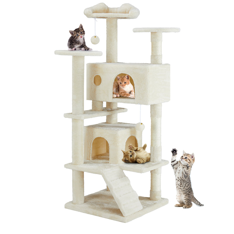 Pawz CityTree™ — Multi-Level Cat Tree Tower & Condo (135cm, Scratch Post, Perches, Hammock, Beige & Blue)